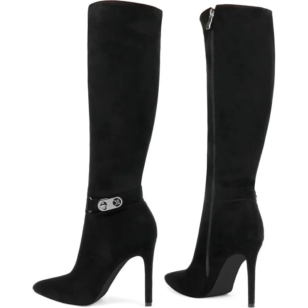 Women's Black Suede Stiletto Slouch Knee High Dress Boots Pointed Toe Buckle